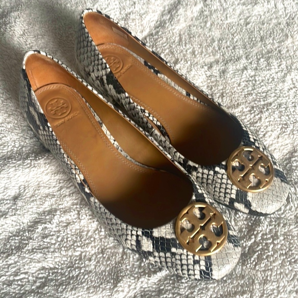 Tory Burch Snake-Print Ballet Flats with Gold Logo